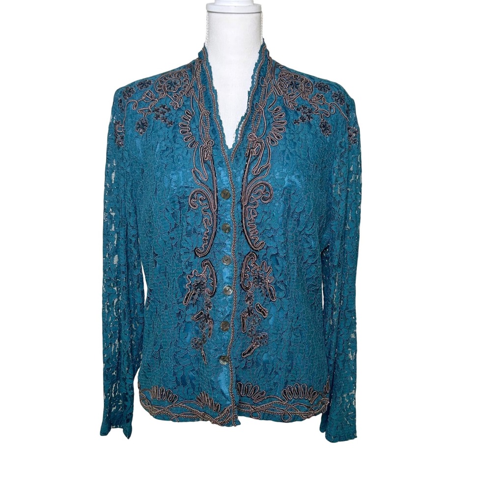 Coldwater Creek NWT Women Lace Teal Brown embroidered Victorian Style jacket M
